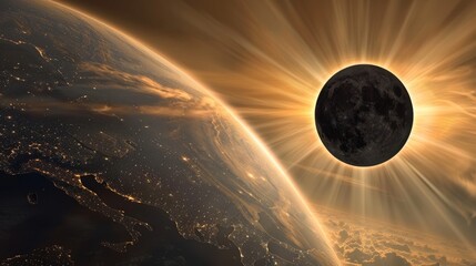 Illustration of Earth during a solar eclipse, showing the shadow and light contrast. - obrazy, fototapety, plakaty