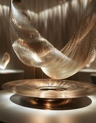 Abstract Elegant Spiral Light Sculpture with Golden Glow Exhibition