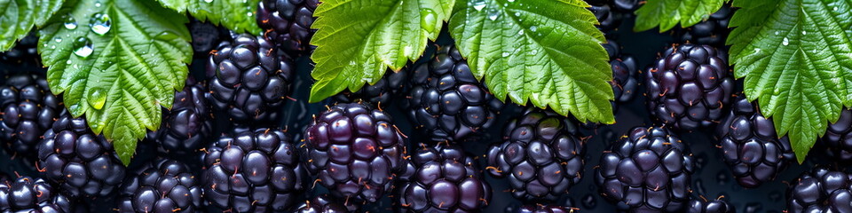 Fresh blackberry berries with green leaves and water drops. Close up view, panorama banner