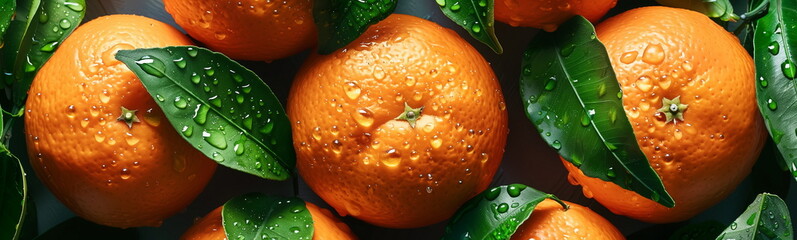Fresh oranges with green leaves and water drops. Close up view, panorama banner