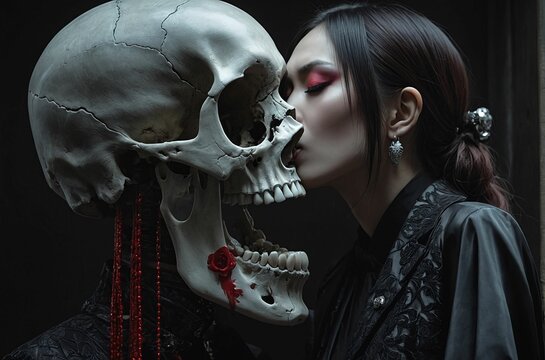 Beautiful girl in black gothic style dress with red lipstick on her lips kissing a skull on a dark background