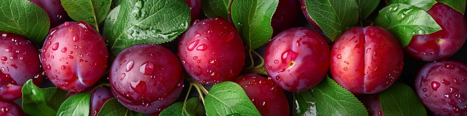 Fresh plums with green leaves and water drops. Close up view, panorama banner