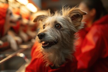 An adorable dog with a bright expression wearing a red jacket seems to enjoy a lively environment