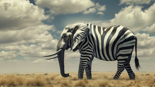 An elephant with zebra skin