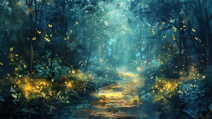 Mystical forest pathway lit by fireflies, depicted in enchanting oil painting strokes.