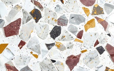 An abstract background is formed by a seamless texture of white terrazzo marble flooring, adorned with deep red, yellow and deep and light gray chips with fine dots. 