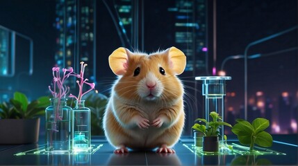 The hamster in a scientist's lab coat of glowing plant growing on computer chip 