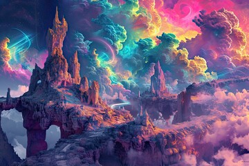 A conceptual digital artwork featuring a surreal landscape with fantastical creatures, brought to life through the vivid and intense hues of Fullchrome. The dreamlike quality and imaginative elements. - obrazy, fototapety, plakaty