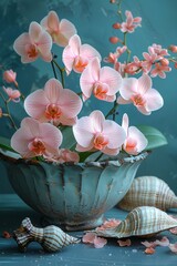 still life with branches of exotic pink orchid in vintage vase with sea shells on vintage blue background
