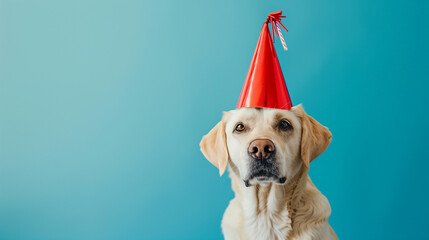 Cute dog celebrating with red pary hat - obrazy, fototapety, plakaty