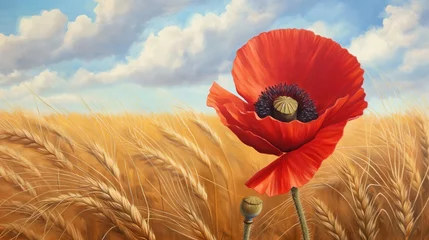 Fototapeten A fiery red poppy standing boldly against a backdrop of golden wheat fields under the summer sun. © Its Your,s