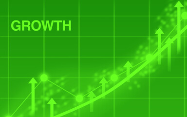 Obraz premium GROWTH lettering, green business graph shows growth and success with arrows and dots, business, office, economy, diagram, arrow, businessman