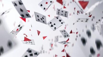 A flurry of flying poker cards frozen in mid-air, each showcasing a different suit and value against a pristine white backdrop.