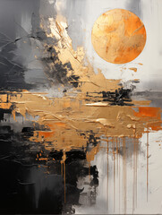 Abstract vertical painting with golden bruh strokes, a spherical shape, like a sun or moon, scratches and paint drips.
