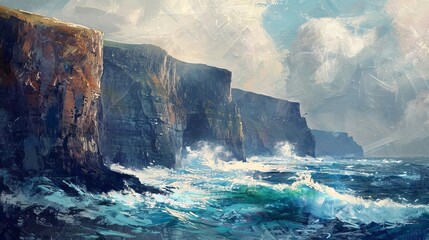Rugged coastal cliffs with crashing waves below, rendered in dramatic oil painting textures. - obrazy, fototapety, plakaty