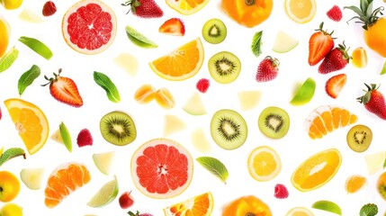 Fruits seamless pattern. Fruits floating in the air isolated on white background.