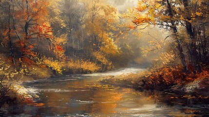 Rustic autumn landscape with a winding river and changing leaves, captured in oil paint.