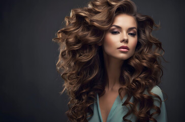 Woman glamour hair fashion model female face beauty.
Beautiful model girl with long wavy and shiny hair. Brunette woman with curly hairstyle. A girl's perfect skin tone