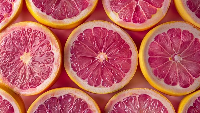 Slices of Fresh Pink Grapefruit Arranged in a Layered Pattern, Showcasing the Juicy Texture
