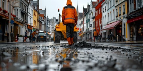 Town square being cleaned in a picturesque European city . Concept European City, Town Square,...