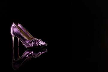 paire de chaussures à talon haut satinée en tissu violet drapé. Brillance et reflet des talons aiguilles sur le fond noir avec espace négatif pour texte copy space - obrazy, fototapety, plakaty