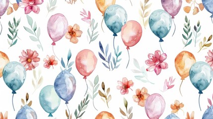 Seamless watercolor pattern with whimsical flowers and festive balloons. - obrazy, fototapety, plakaty