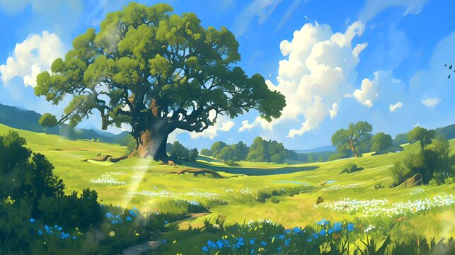 Serene meadow with ancient oak trees. Fantasy landscape anime or cartoon style, looping 4k video animation background