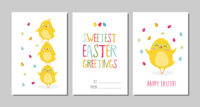 Happy Easter Set of 3 card, poster or banner templates in colorful modern style. Vector illustration of cute Easter chicks and flowers for celebration of the spring holiday.