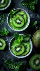 Selective focus on green kiwi smoothie  detox diet for healthy vegetarian eating