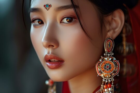 Exquisite Asian model earrings. Skin face. Generate Ai