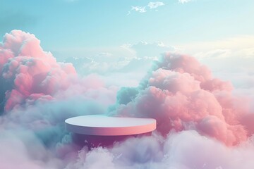 Dreamy cloudscape with a floating pastel-colored platform Suitable for whimsical product presentations Fantasy book covers Or imaginative event visuals.