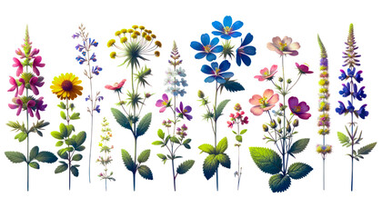 Set of different wildflowers of tender watercolor isolated on transparent background, PNG