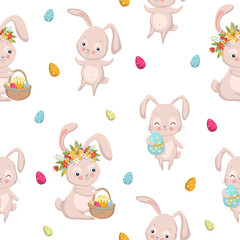 Seamless pattern of cute bunnies on white background with floral elements and eggs.