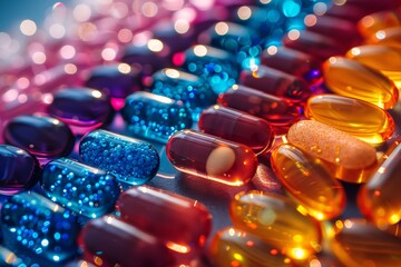 Colorful pills and capsules on vibrant backdrop