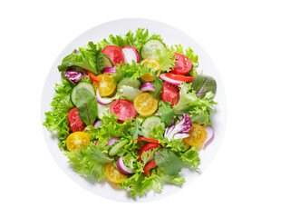plate of green salad with fresh vegetables isolated on transparent background, top view