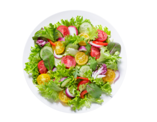 plate of green salad with fresh vegetables isolated on transparent background, top view