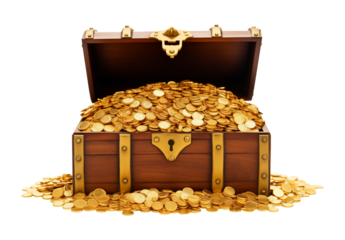 Treasure Chest Overflowing with Gold Coins Isolated on Transparent Background
