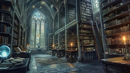 An ancient library filled with magical books, glowing orbs, and mystical artifacts. Shelves reach up to a high, vaulted ceiling, with soft light filtering through stained glass windows. Resplendent.