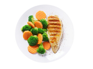 plate of grilled chicken and vegetables isolated on transparent background, top view - 760814945