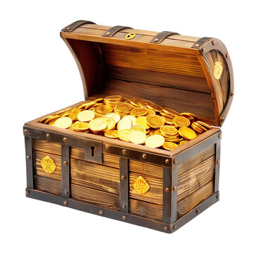 Treasure Chest With Gold Coins Isolated on Transparent Background
