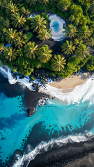 Fototapeta na wymiar A drone shot of the most beautiful volcano island beach paradise, black sand, palm trees, blue water, summer paradise, summer vacation, travel inspiration, tropical island, holiday resort