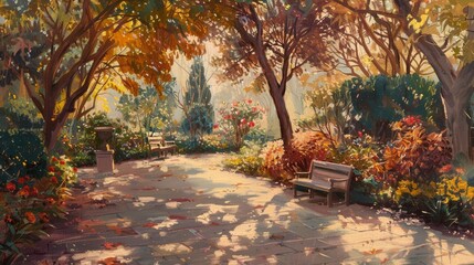 Uplifting oil painting of a rehabilitation center's garden in autumn, with patients finding solace among the trees and flowers.