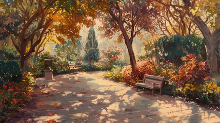Fotobehang Uplifting oil painting of a rehabilitation center's garden in autumn, with patients finding solace among the trees and flowers. © furyon