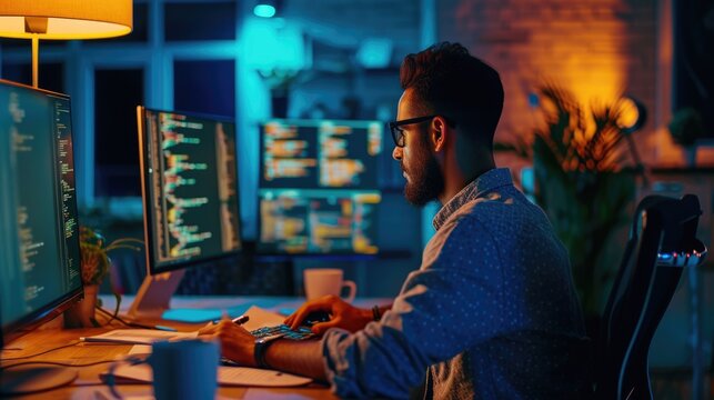 A software developer works on code late into the night, illuminated by the glow of multiple computer screens in a modern office. AIG41