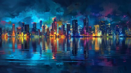 Vibrant city skyline at night reflected on the water, created with dynamic oil painting strokes.
