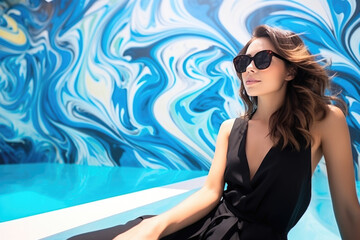 A young woman wearing a black dress and sunglasses is seated in an outdoor pool.
