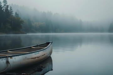 Early morning fog over a calm lake with a canoe in the foreground Ideal for outdoor adventure brands Tranquil retreat promotions Or nature photography workshops.