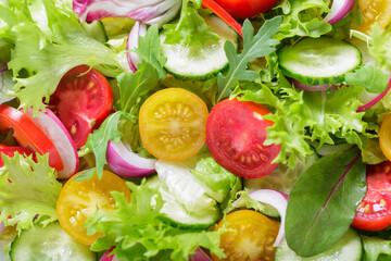 green salad and fresh vegetables as background, top view - 760815574