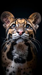 Male clouded leopard and cub portrait with ample space for text, an object on the right side