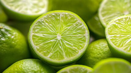 tasty and juicy lime slices, closeup shot from top, fresh fruit background